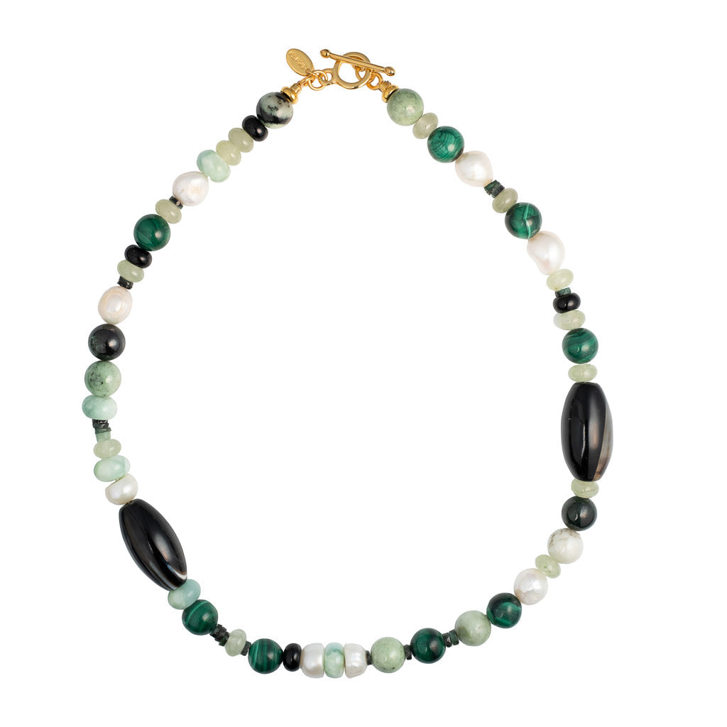 Collar Pulso Verde de malaquita, jade, esmeralda, ónix y perla natural, joya artesanal de Grata